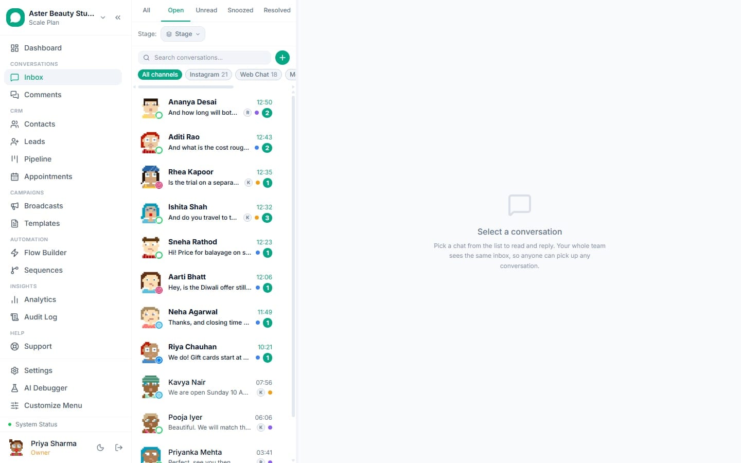 VGraple CRM shared team inbox with WhatsApp, Instagram and web chat conversations