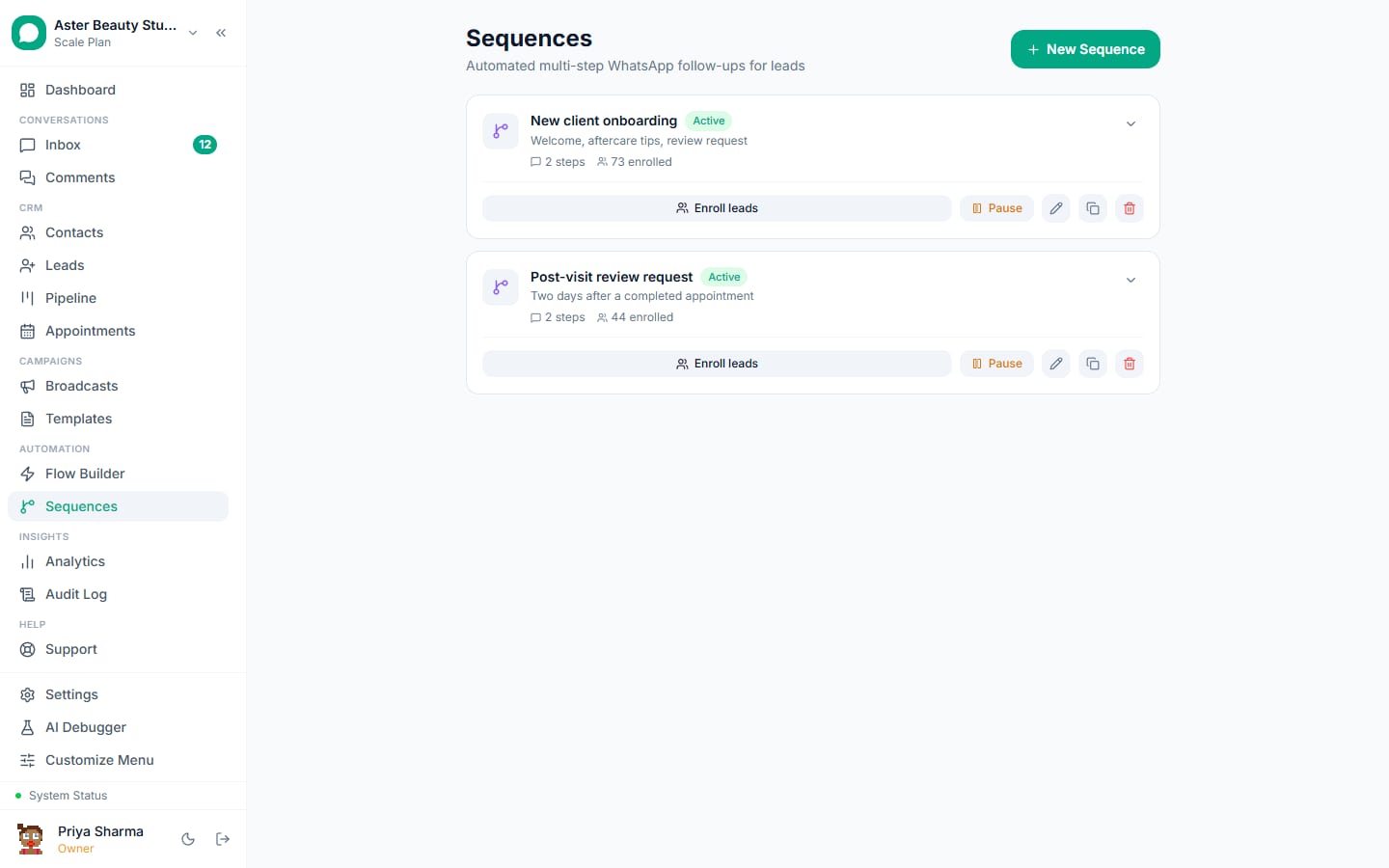 Drip sequences in VGraple CRM: multi-step WhatsApp follow-ups with delays between messages