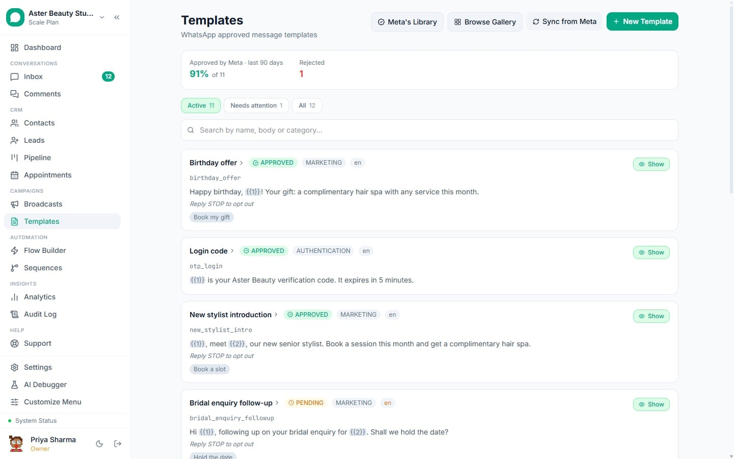 WhatsApp approved message template library in VGraple CRM