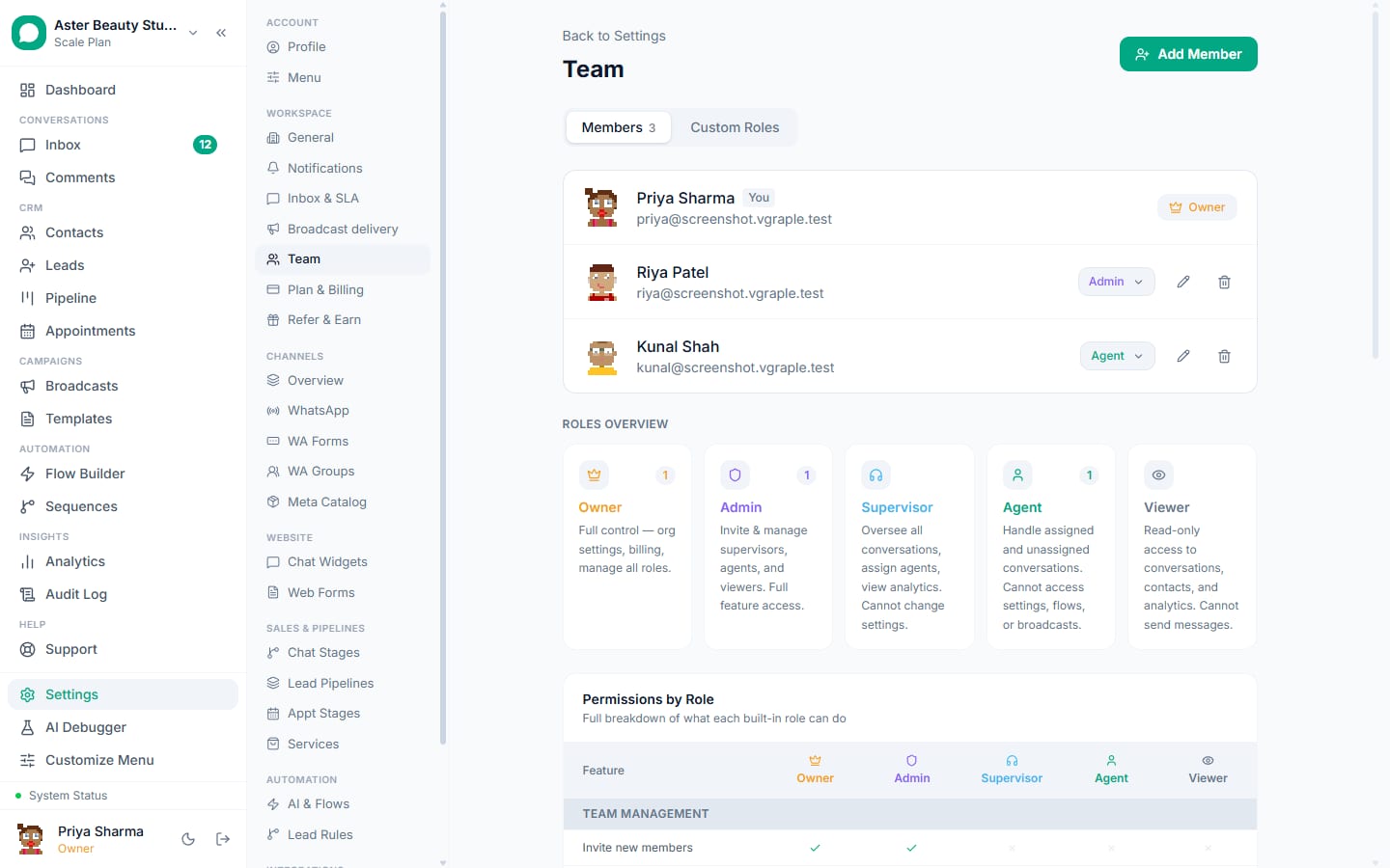 Team members in VGraple CRM with owner, admin and agent roles and their permissions