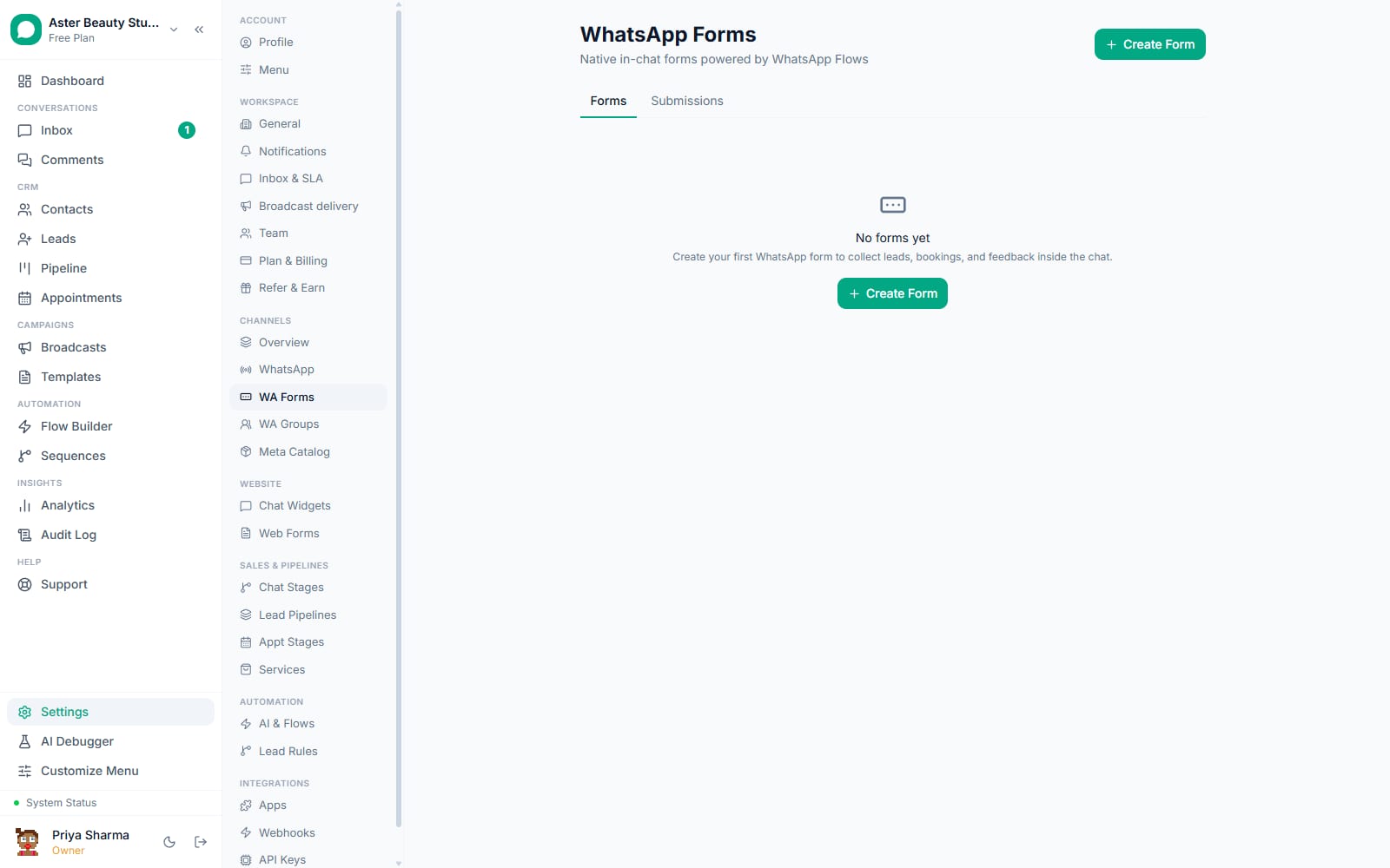 WhatsApp Forms (Meta Flows) settings in VGraple CRM with the create form action
