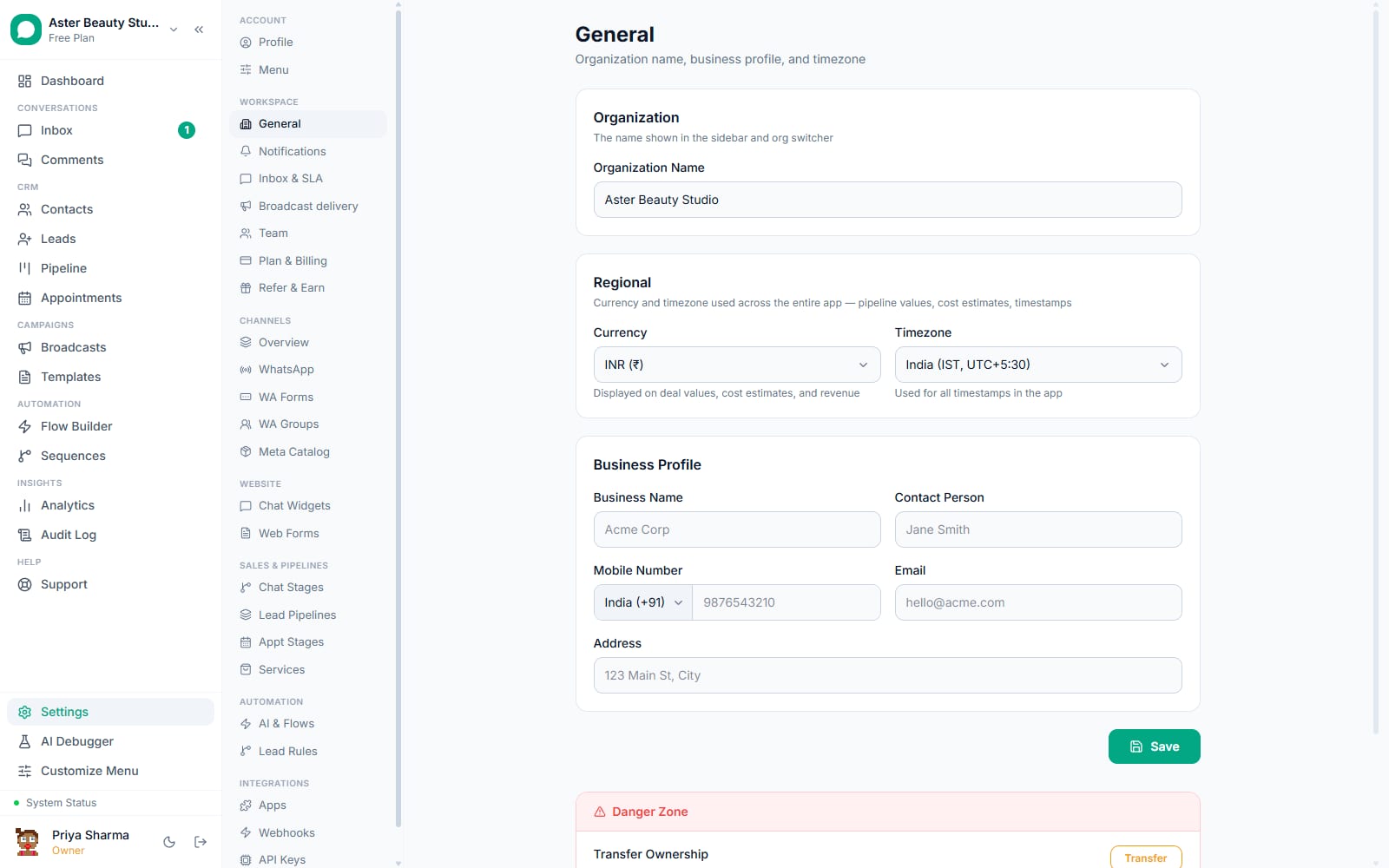 Organization settings in VGraple CRM with regional and business profile fields