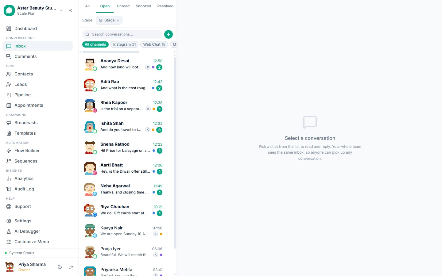 An Instagram direct message open in the VGraple CRM inbox alongside WhatsApp and web chat conversations