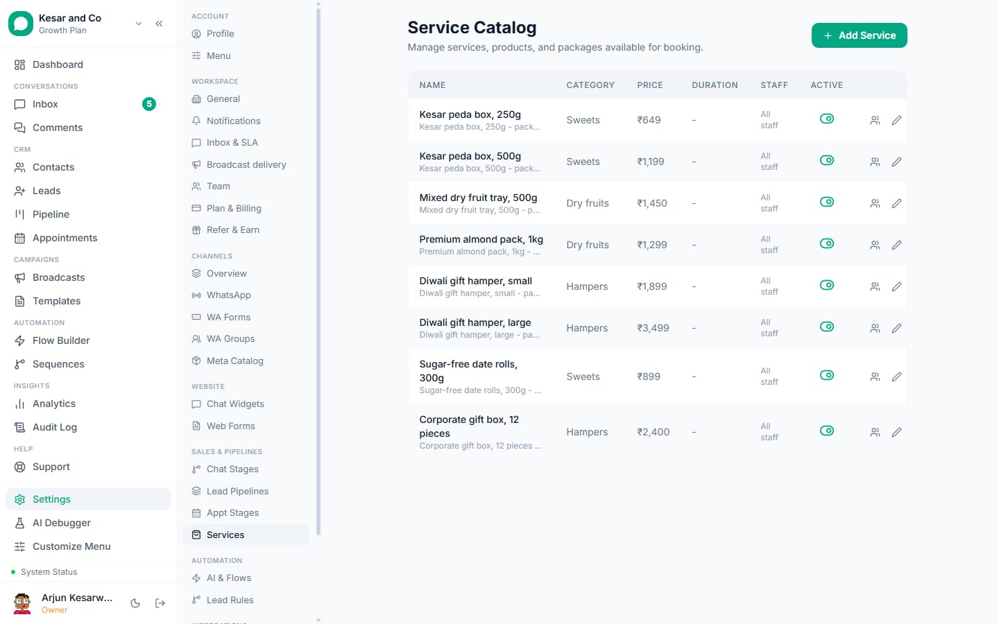 The product catalogue in VGraple CRM with prices, categories and availability for each item