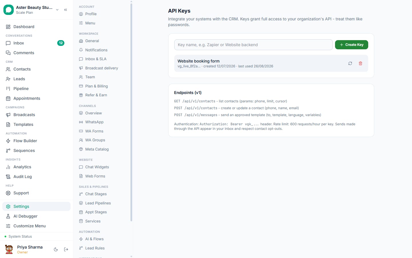API keys in VGraple CRM with prefix, creation date and last use