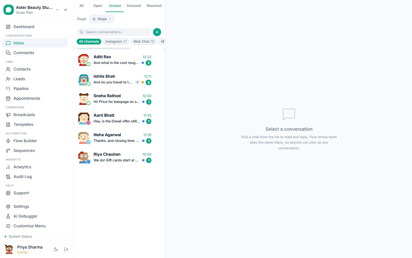 The VGraple CRM inbox filtered to unread conversations, with channel filters for Instagram, Messenger and web chat