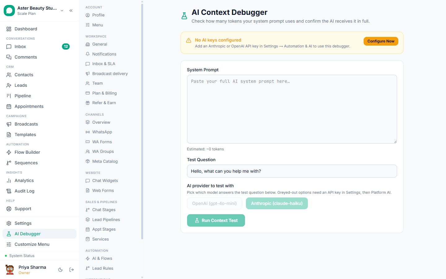The AI prompt tester in VGraple CRM, showing what the assistant would answer and which knowledge base entries it used