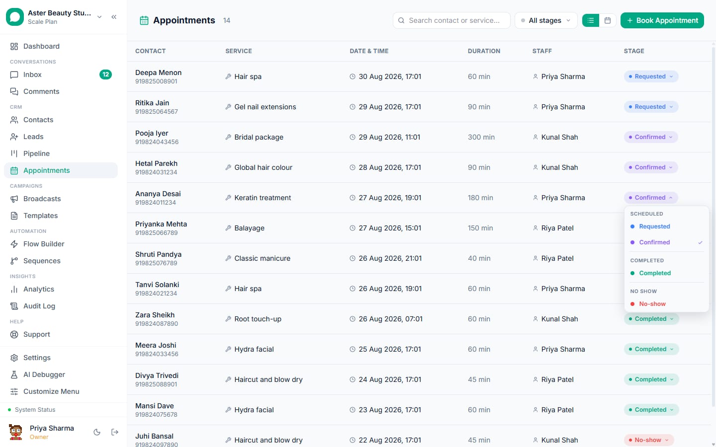 An appointment in VGraple CRM with its service, staff member, stage history and the linked WhatsApp conversation